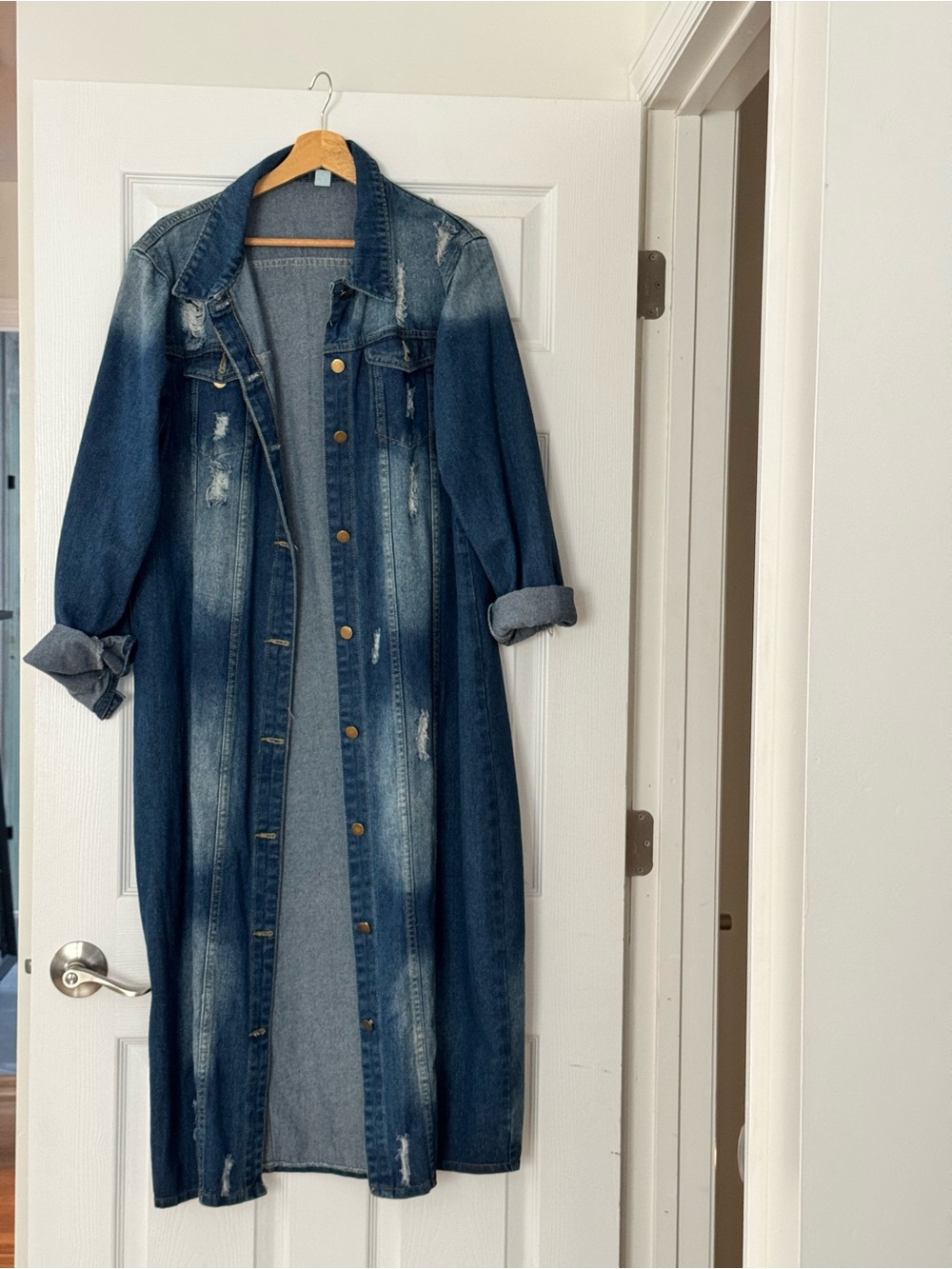 Long Distressed Dark Blue Denim Trench Jacket
